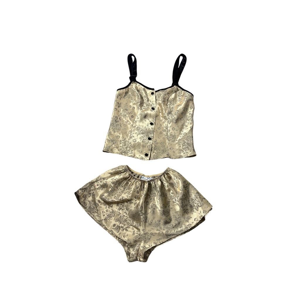 Vintage Floral Brocade Pajama Set Champagne Silver Velvet Straps Cami Tap Shorts